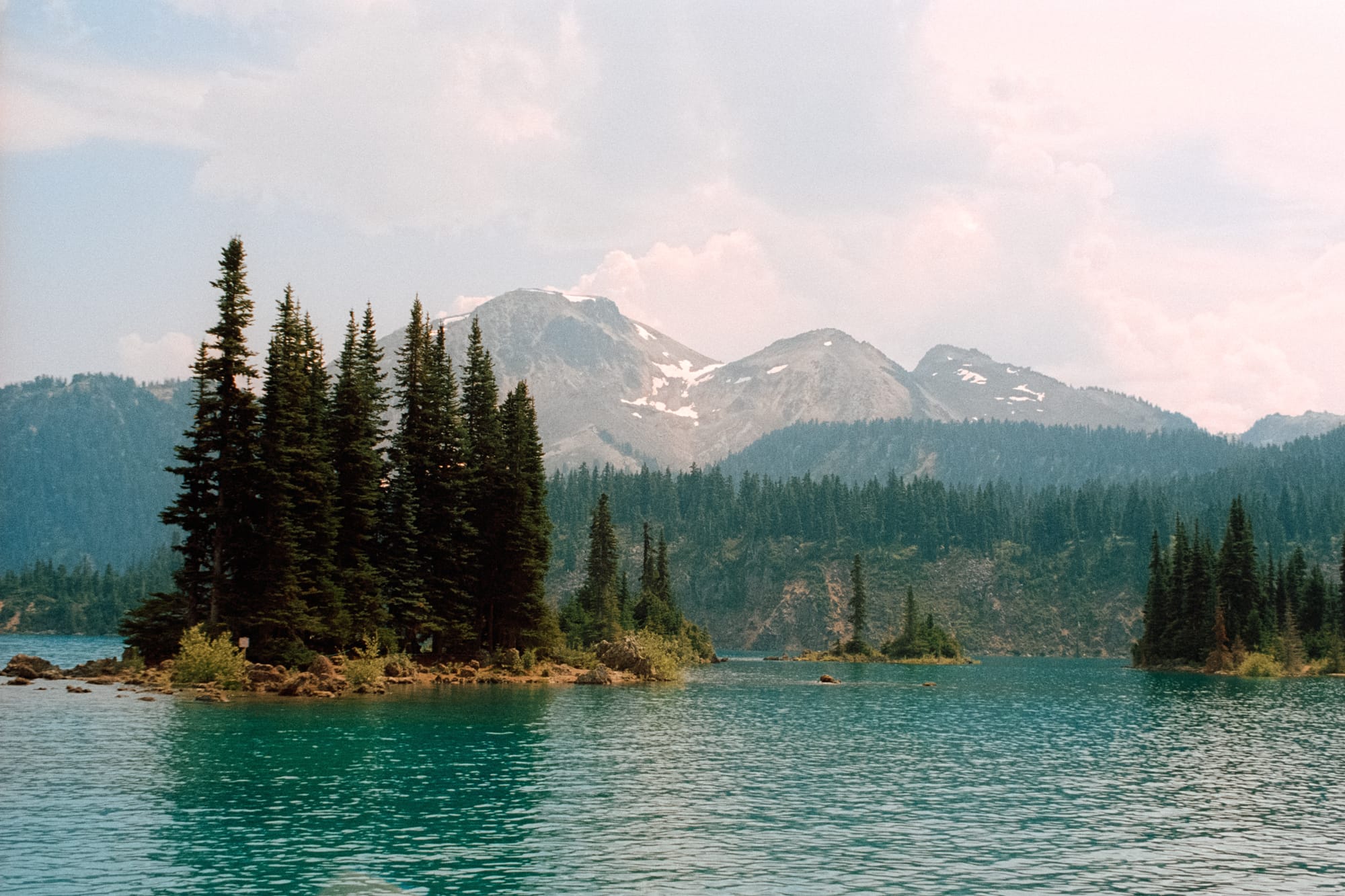 Garibaldi Lake with small islands with trees